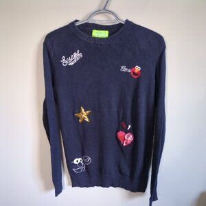 Sesame Street Women's Graphic Patch Embroidered Navy Sweater Size Small